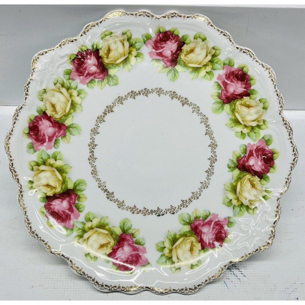 Vintage Dinner Serving Plate Z S & C Bavaria Pink Yellow Rose 12.5” VG (G2)